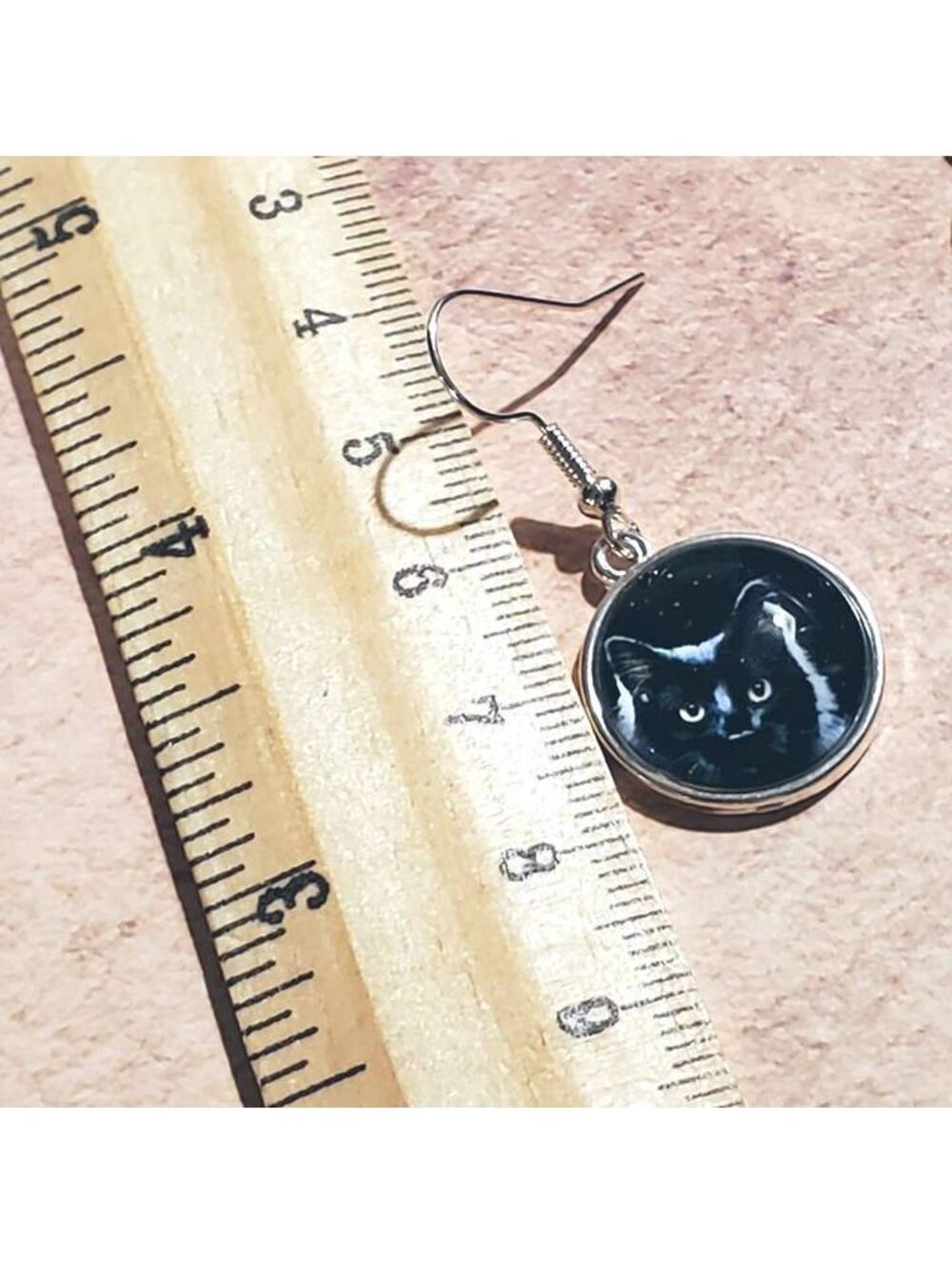 Black Cat Night Sky Silver Plated Glass Cabochon Kitty Kitten Dangle Earrings - Picture 6 of 6